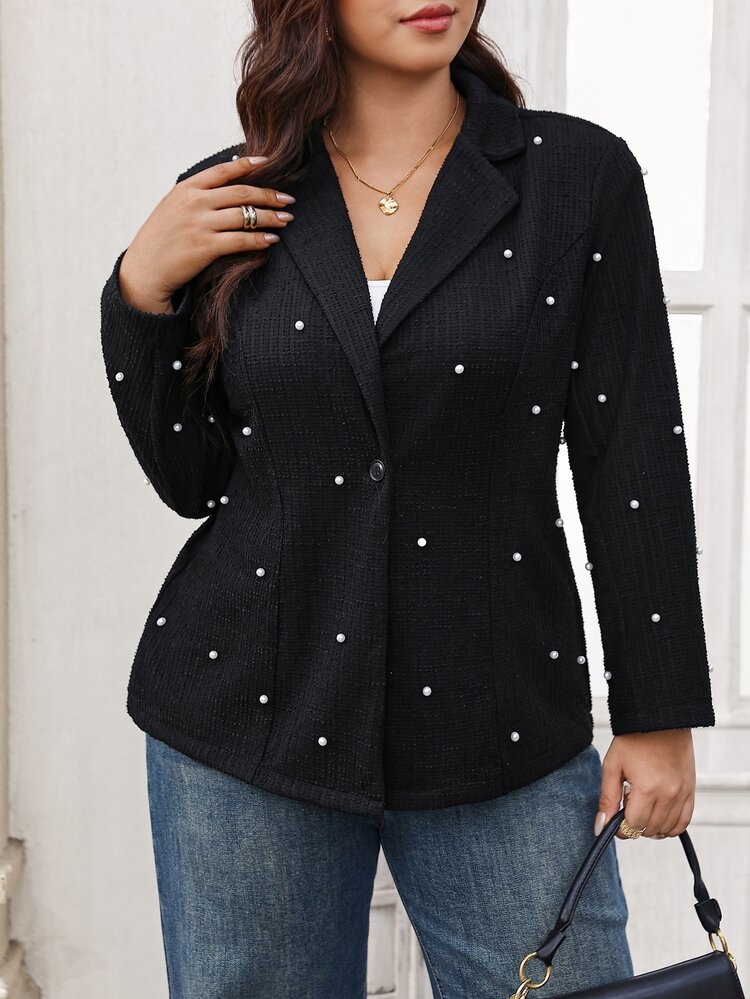 SHEIN Clasi Plus Size Beaded Decor Blazer - Black - View 3