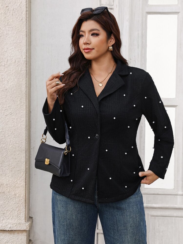 SHEIN Clasi Plus Size Beaded Decor Blazer - Black - View 4