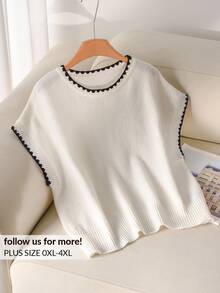 CosyJoli Plus Size Casual Color Block Round Neck Loose Batwing Sleeve Knitted Pullover T-Shirt,Back To School Fall/Winter - White - View 2