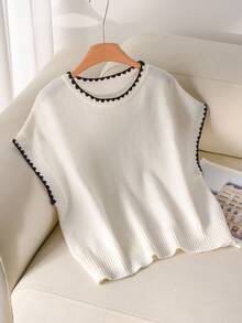 CosyJoli Plus Size Casual Color Block Round Neck Loose Batwing Sleeve Knitted Pullover T-Shirt,Back To School Fall/Winter - White - View 8