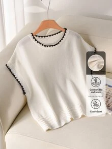 CosyJoli Plus Size Casual Color Block Round Neck Loose Batwing Sleeve Knitted Pullover T-Shirt,Back To School Fall/Winter - White - View 9
