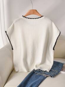 CosyJoli Plus Size Casual Color Block Round Neck Loose Batwing Sleeve Knitted Pullover T-Shirt,Back To School Fall/Winter - White - View 3