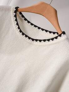 CosyJoli Plus Size Casual Color Block Round Neck Loose Batwing Sleeve Knitted Pullover T-Shirt,Back To School Fall/Winter - White - View 4