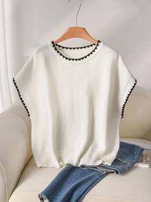 CosyJoli Plus Size Casual Color Block Round Neck Loose Batwing Sleeve Knitted Pullover T-Shirt,Back To School Fall/Winter - White - View 6