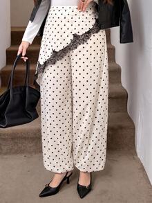 SHEIN LUNE Plus Size Lace Patchwork White Long Pants Brunch Office Evening Summer Curve Elegant - Black and White - View 4