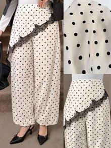 SHEIN LUNE Plus Size Lace Patchwork White Long Pants Brunch Office Evening Summer Curve Elegant - Black and White - View 6