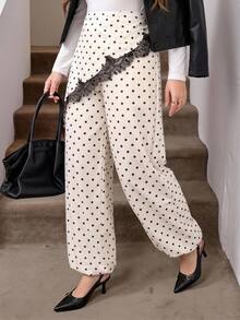 SHEIN LUNE Plus Size Lace Patchwork White Long Pants Brunch Office Evening Summer Curve Elegant - Black and White - View 5
