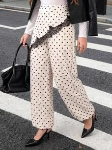 SHEIN LUNE Plus Size Lace Patchwork White Long Pants Brunch Office Evening Summer Curve Elegant - Black and White - View 1