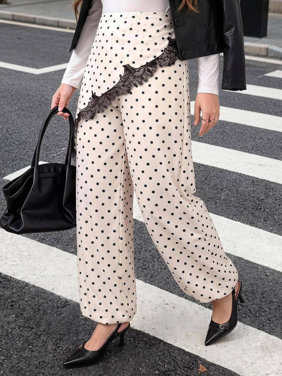 SHEIN LUNE Plus Size Lace Patchwork White Long Pants Brunch Office Evening Summer Curve Elegant - Black and White - View 1