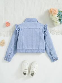 SHEIN 1件少女休閒淺藍拼接荷葉邊單排扣粉色蝴蝶結刺繡長袖軟牛仔外套 牛仔外套 返校季秋季 - 中等水洗藍 - 查看 4