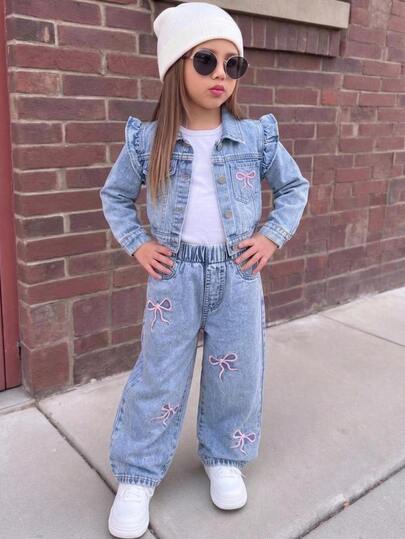 SHEIN Vintaside Kids 1pc Young Girls Casual Light Blue Patchwork Ruffle Single-Breasted Pink Bow Embroidered Long Sleeve Soft Denim Jacket Jean Coat Back To School Autumn