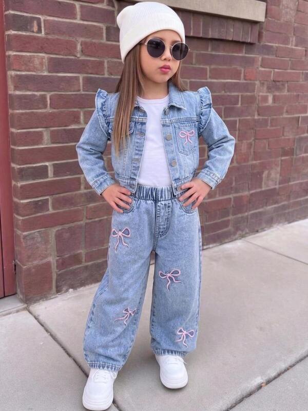 SHEIN Vintaside Kids 1pc Young Girls Casual Light Blue Patchwork Ruffle Single-Breasted Pink Bow Embroidered Long Sleeve Soft Denim Jacket Jean Coat Back To School Autumn