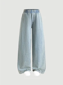 SHEIN Teen Girls Retro Wide-Leg Jeans In Tencel™ Lyocell, Blending A Casual Vibe With Street Style.Suitable For Spring, Summer,Autumn,Fall,And Winter - Light Wash - View 5