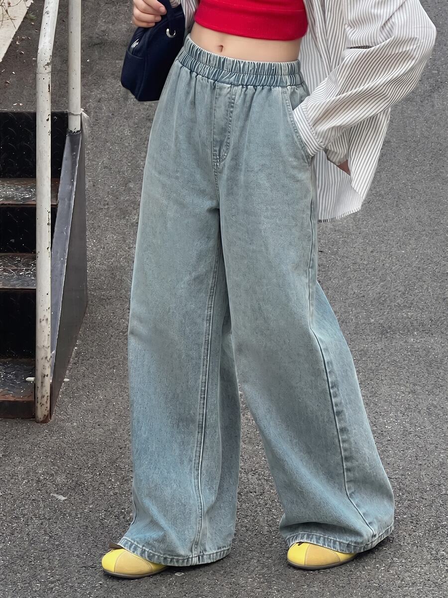 SHEIN Teen Girls Retro Wide-Leg Jeans In Tencel™ Lyocell, Blending A Casual Vibe With Street Style.Suitable For Spring, Summer,Autumn,Fall,And Winter