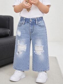 SHEIN Playful Pals 女嬰淺藍色百搭水洗直筒牛仔褲，適合假期、夏季、旅行、秋季、舞會、家庭套裝休閒穿搭 - 淺色水洗藍 - 查看 4