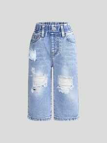SHEIN Playful Pals 女嬰淺藍色百搭水洗直筒牛仔褲，適合假期、夏季、旅行、秋季、舞會、家庭套裝休閒穿搭 - 淺色水洗藍 - 查看 2