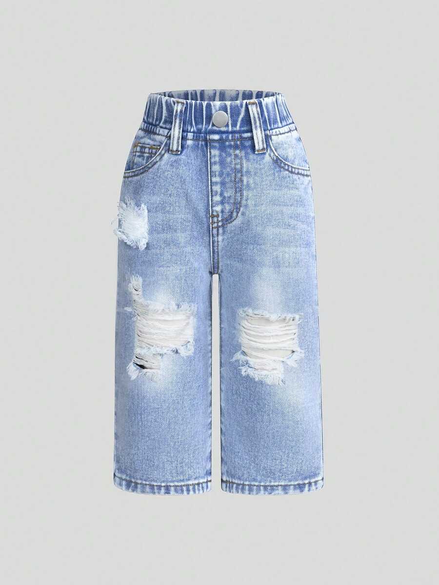 SHEIN Playful Pals 女嬰淺藍色百搭水洗直筒牛仔褲，適合假期、夏季、旅行、秋季、舞會、家庭套裝休閒穿搭