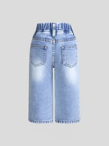 SHEIN Playful Pals 女嬰淺藍色百搭水洗直筒牛仔褲，適合假期、夏季、旅行、秋季、舞會、家庭套裝休閒穿搭 - 淺色水洗藍 - 查看 3