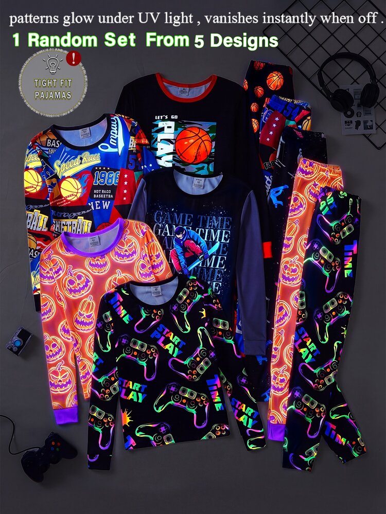 [Randomly Send 1set]Tween Boys Long Sleeve Fitted Pajama Set, Spring/Autumn/Winter Sports Game Cartoon Print Soft Knit Fabric Round Neck Long Sleeve Long Pants 2-Piece Set, Loose Casual Home Wear Elastic Comfortable Skin-Friendly Medium-Large Tween Boys Home Sleepwear Can Be Worn Out Basketball Game Pumpkin Funny Pattern Long Sleeve Long Pants - Multicolor - View 4