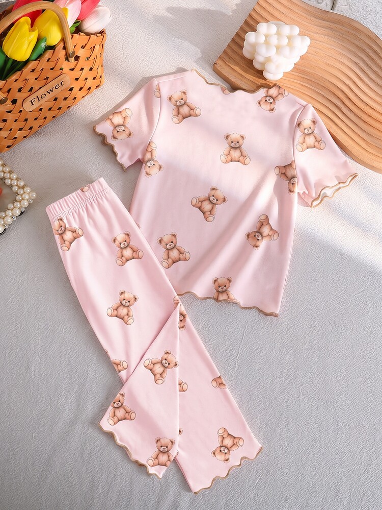 SHEIN Young Girls Pajamas, Sweet Cherry, Teddy Bear, Ditsy Floral Wavy Hem Round Neck Short Sleeve Top And Long Pants 2 Pieces Sleepwear Set, - Multicolor - View 2