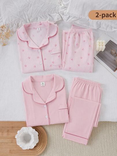 Teen Girls Fashion Sweet Elegant Pink Striped Bow Combination Bubble Crinkle Fabric Print Long Sleeve Button-Up Top And Long Pants Casual Comfortable 2-Piece Loungewear Set