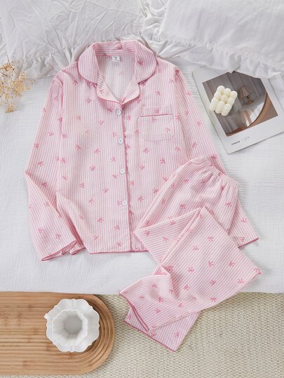 Teen Girls Fashion Sweet Elegant Pink Striped Bow Combination Bubble Crinkle Fabric Print Long Sleeve Button-Up Top And Long Pants Casual Comfortable 2-Piece Loungewear Set