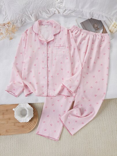 Teen Girls Fashion Sweet Elegant Pink Striped Bow Combination Bubble Crinkle Fabric Print Long Sleeve Button-Up Top And Long Pants Casual Comfortable 2-Piece Loungewear Set