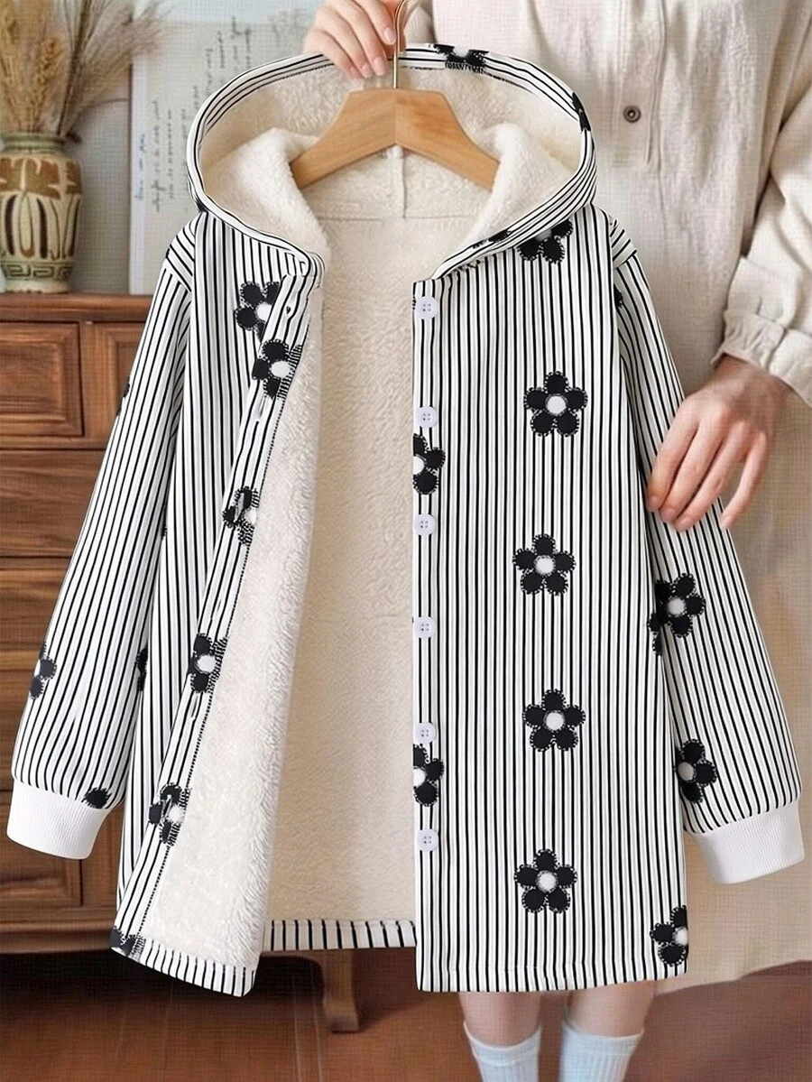 SHEIN 女童連帽加厚抓絨復古碎花中長款秋冬外套，休閒日常穿著