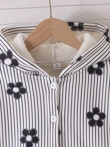 SHEIN 女童連帽加厚抓絨復古碎花中長款秋冬外套，休閒日常穿著 - 黑色 - 查看 8