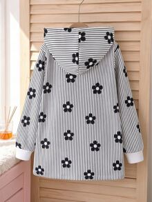 SHEIN 女童連帽加厚抓絨復古碎花中長款秋冬外套，休閒日常穿著 - 黑色 - 查看 7