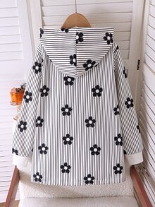 SHEIN 女童連帽加厚抓絨復古碎花中長款秋冬外套，休閒日常穿著 - 黑色 - 查看 3