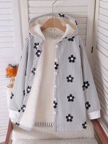 SHEIN 女童連帽加厚抓絨復古碎花中長款秋冬外套，休閒日常穿著 - 黑色 - 查看 5