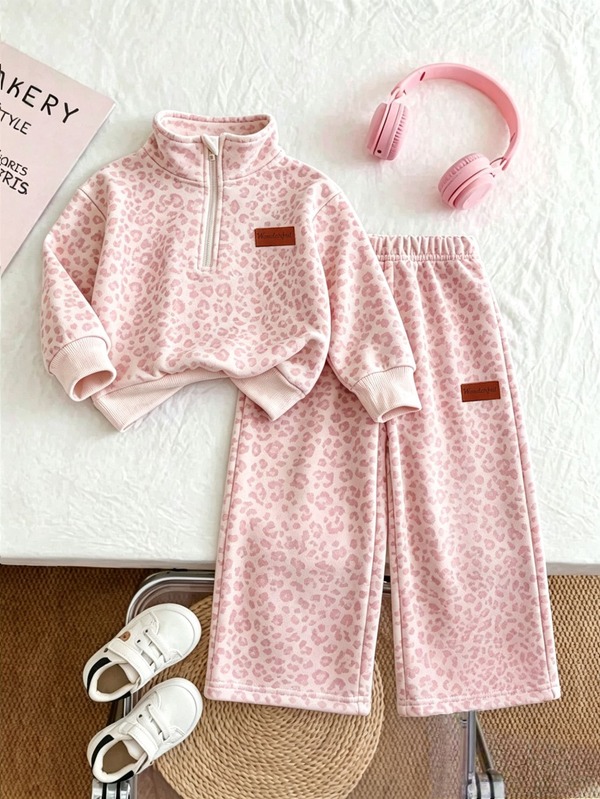 Baby Girl 2pcs Set Casual Fashion Spring Autumn Winter Girls Stand Collar Sweatshirt & Wide Leg Sweatpants Outfit, Sweet Cool Pink Leopard Print, Outing Set, Soft Fabric, Fashion Wide Leg Pants Style, Spring Autumn Winter Girls Clothing Set, Girls Wide Leg Pants Outfit
