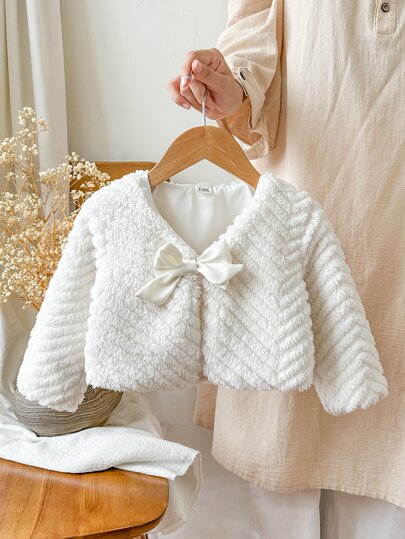 SHEIN Baby Girl 0-3 Years Old Outwear, Bow Decor Plush Long Sleeve Cardigan Jacket, Versatile Fashionable And Stylish, Suitable For Indoor And Outdoor Activities