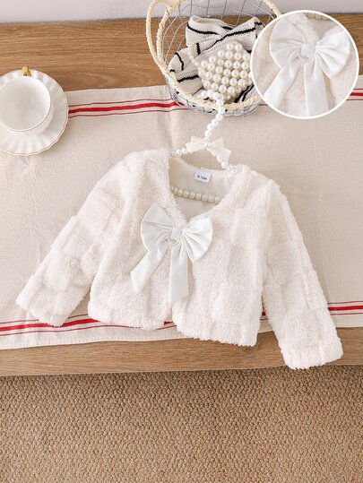 SHEIN Infant Toddler Long Sleeve Fuzzy Plaid Autumn/Winter Jacket With Bow Decoration, Comfortable Casual Cute Daily Cardigan Jacket For Baby Girls