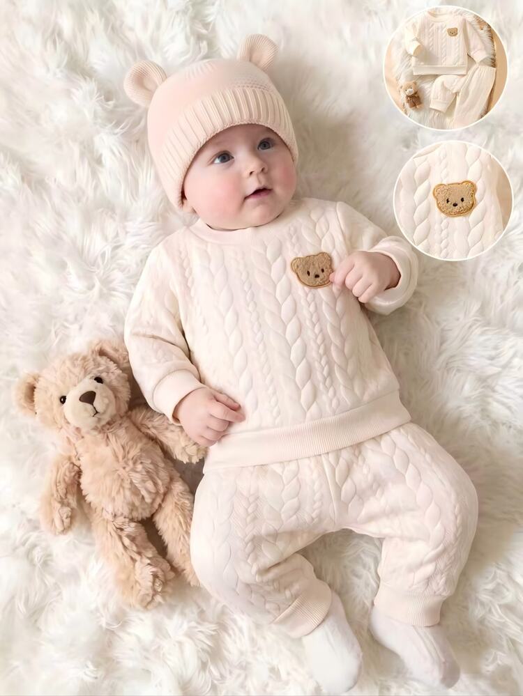 SHEIN Newborn Male Infant Apricot Colored Pullover Long Sleeved Teddy Bear Seal Top And Pants Set Autumn Fall - Apricot - View 3