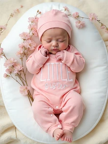 SHEIN 2件組新生女嬰服飾 小妹妹刺繡 粉紅與紅色秋季圖案 拍照用家庭套裝可愛嬰兒套裝 - 粉色 - 查看 8