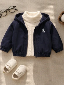 SHEIN Playful Pals One Piece 男嬰休閒刺繡連帽拉鍊單袖外套 春/秋外出穿著 海軍藍 - 寶藍色 - 查看 5