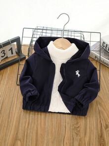 SHEIN Playful Pals One Piece 男嬰休閒刺繡連帽拉鍊單袖外套 春/秋外出穿著 海軍藍 - 寶藍色 - 查看 4