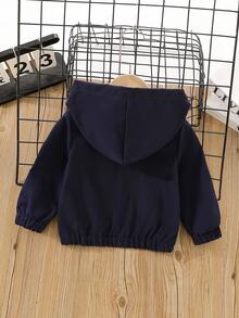SHEIN Playful Pals One Piece 男嬰休閒刺繡連帽拉鍊單袖外套 春/秋外出穿著 海軍藍 - 寶藍色 - 查看 3