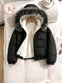 Elladie kids 女童連帽冬季外套，Y2K風格，Y2K上衣，秋季新品，秋冬抓絨內裡連帽外套 - 黑色 - 查看 8