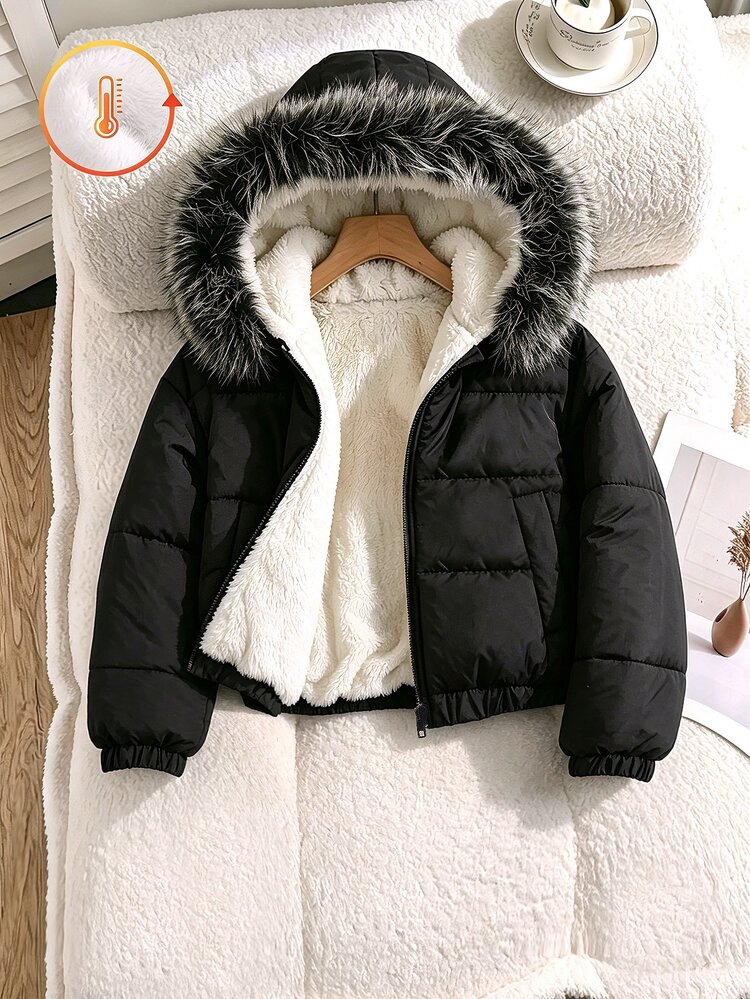 Elladie kids Young Girls Hooded Winter Coats, Y2k, Y2k Tops, New Fall Looks, Autumn, Winter Fleece Lined Coat Hooded Outerwear - Black - View 7