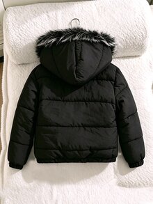 Elladie kids 女童連帽冬季外套，Y2K風格，Y2K上衣，秋季新品，秋冬抓絨內裡連帽外套 - 黑色 - 查看 3