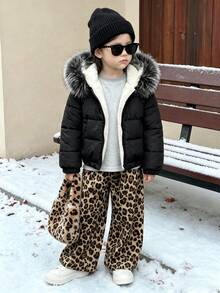 Elladie kids 女童連帽冬季外套，Y2K風格，Y2K上衣，秋季新品，秋冬抓絨內裡連帽外套 - 黑色 - 查看 4