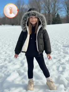 Elladie kids 女童連帽冬季外套，Y2K風格，Y2K上衣，秋季新品，秋冬抓絨內裡連帽外套 - 黑色 - 查看 2