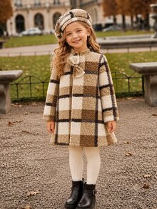SHEIN Elladie kids 女童格紋大衣，時尚長袍，秋冬節日穿搭，校園風，立體蝴蝶結棕色格紋附帽子 - 卡其色 - 查看 10