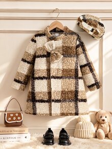 SHEIN Elladie kids 女童格紋大衣，時尚長袍，秋冬節日穿搭，校園風，立體蝴蝶結棕色格紋附帽子 - 卡其色 - 查看 8