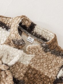 SHEIN Elladie kids 女童格紋大衣，時尚長袍，秋冬節日穿搭，校園風，立體蝴蝶結棕色格紋附帽子 - 卡其色 - 查看 6