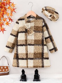 SHEIN Elladie kids 女童格紋大衣，時尚長袍，秋冬節日穿搭，校園風，立體蝴蝶結棕色格紋附帽子 - 卡其色 - 查看 9