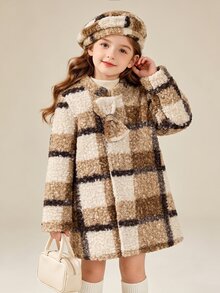 SHEIN Elladie kids 女童格紋大衣，時尚長袍，秋冬節日穿搭，校園風，立體蝴蝶結棕色格紋附帽子 - 卡其色 - 查看 4